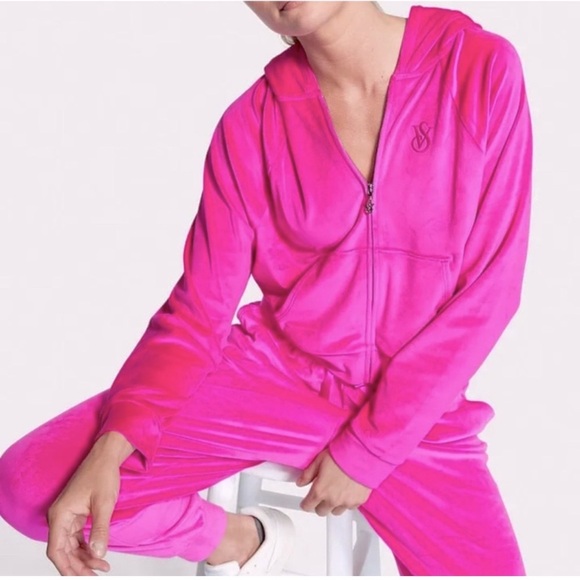 Victoria's Secret Velour Tracksuit Zip Hoodie & Jogger Set Hot Pink Sz Medium - Picture 1 of 15